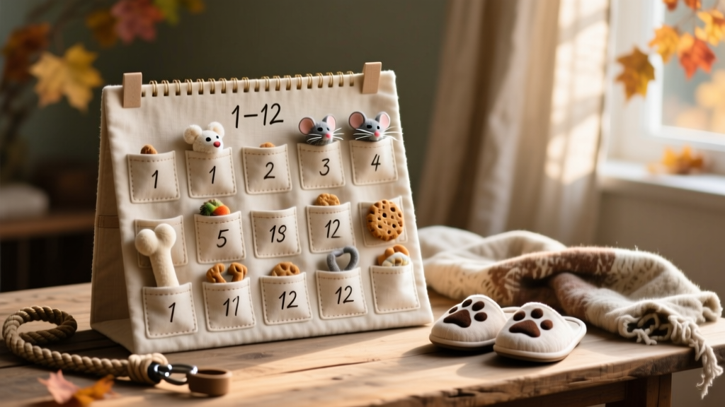Handmade pet advent calendar with small fabric pockets labeled 1–12, filled with treats and toys