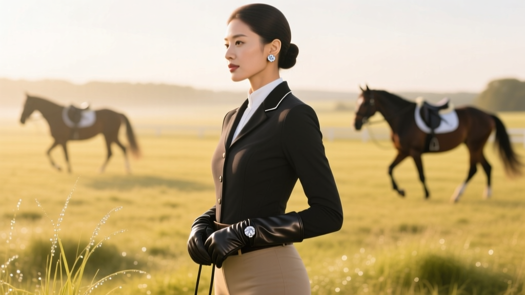 Professional equestrian handler wearing subtle 4mm bezel-set diamond stud earrings with secure screw-backs in bright sunlight