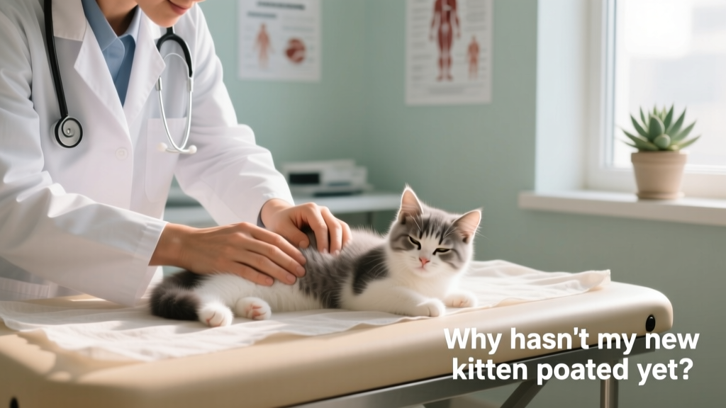 Close-up of a veterinarian gently palpating a kitten's abdomen during a wellness exam