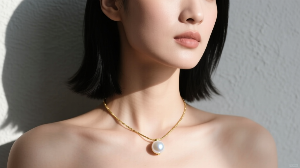 Model wearing a delicate 14k gold lariat pearl necklace with a single 8mm white Akoya pearl dropping from a fine cable chain