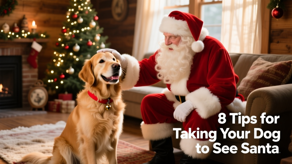 A calm, smiling dog sitting beside a friendly Santa figure in a cozy holiday setting