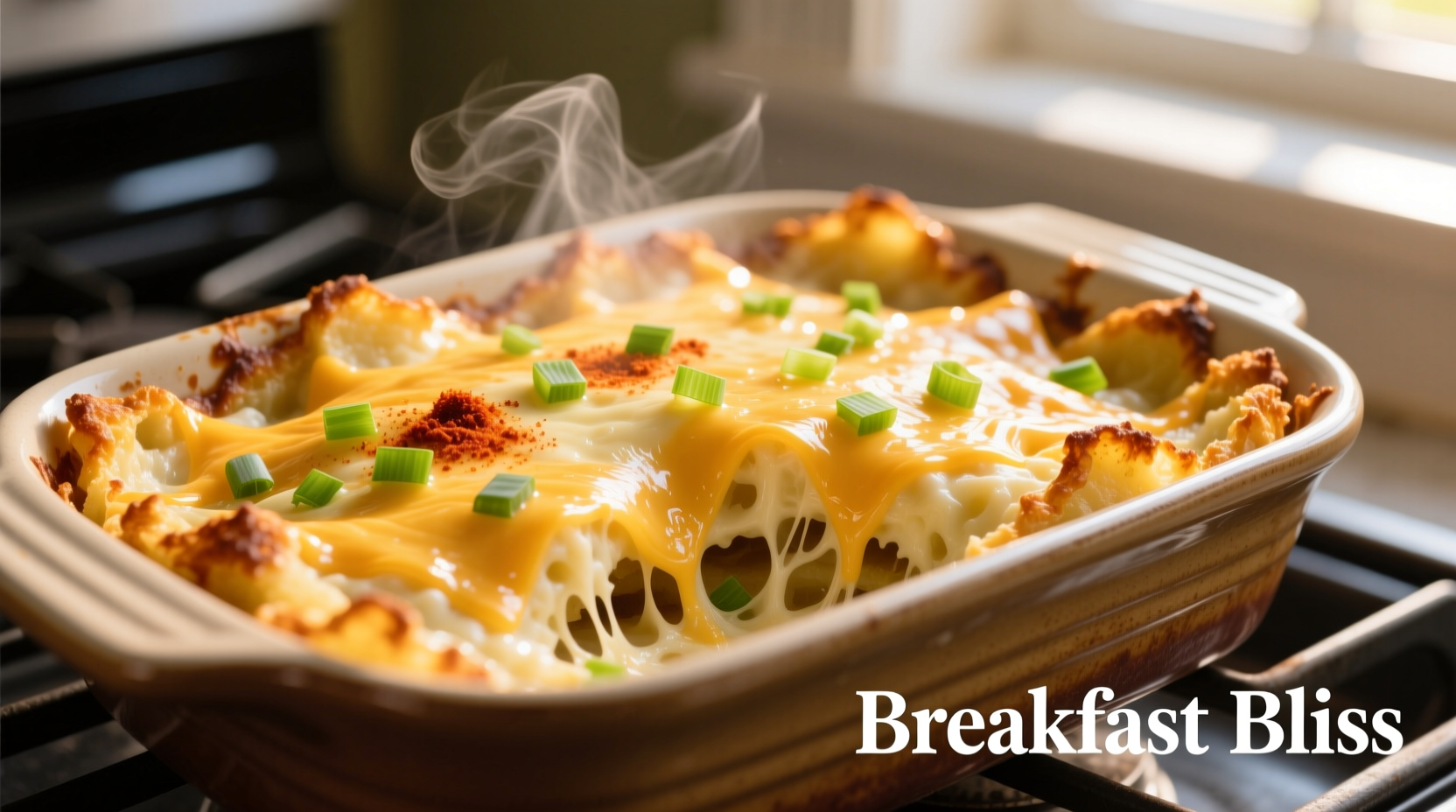 Golden potato breakfast casserole with melted cheese