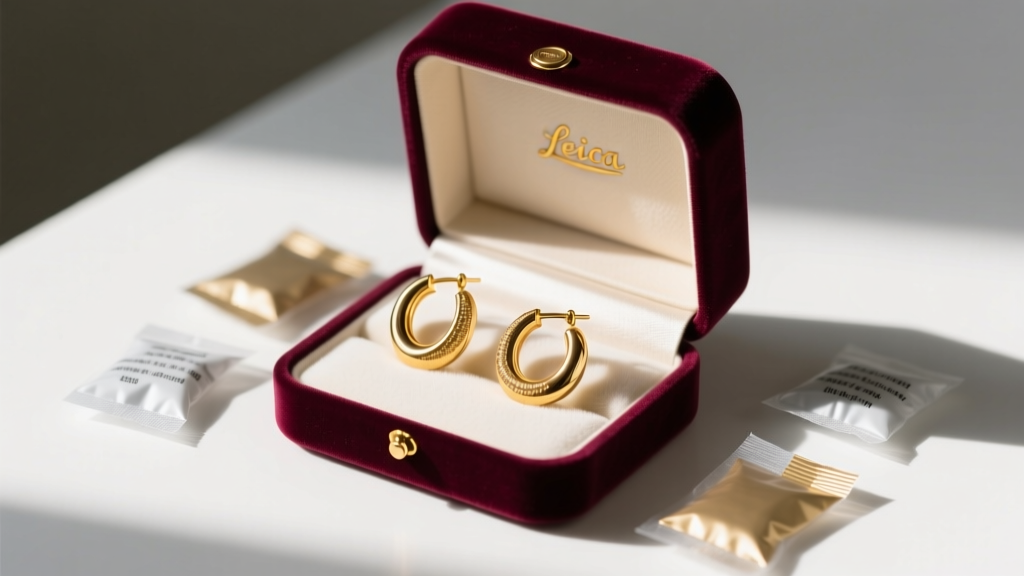 Open velvet jewelry box with silica gel packets and anti-tarnish strips protecting delicate gold-plated fashion hoop earrings.