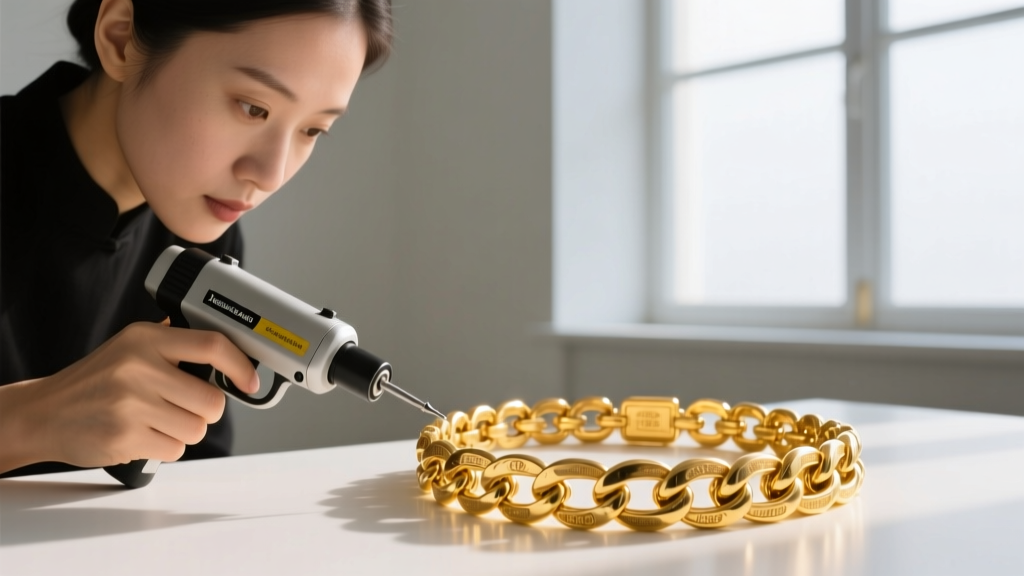 Jeweler using an X-ray fluorescence spectrometer gun to test the exact karat purity of a vintage 18k yellow gold chain bracelet.