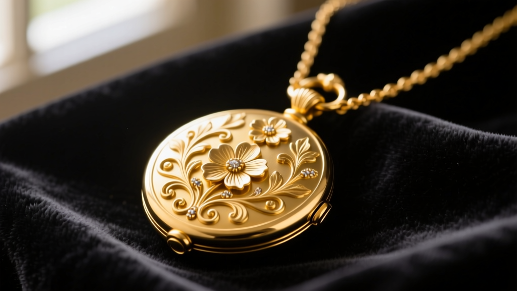 Close-up of an 1880s Victorian 15k yellow gold locket necklace with intricate repousse floral motifs resting on dark velvet fabric