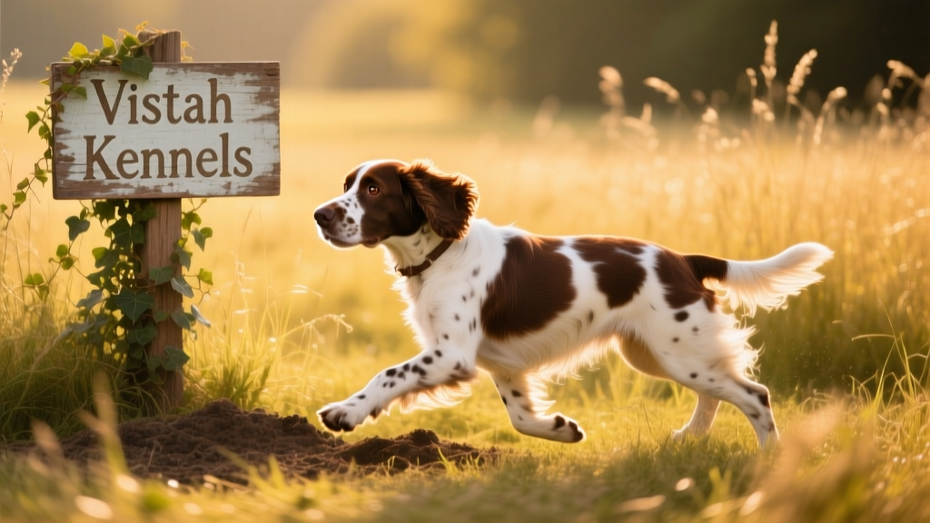 An English Springer Spaniel mid-stride in a sun-dappled field, with a small weathered wooden sign reading 'Vistah Kennels' partially visible in the background