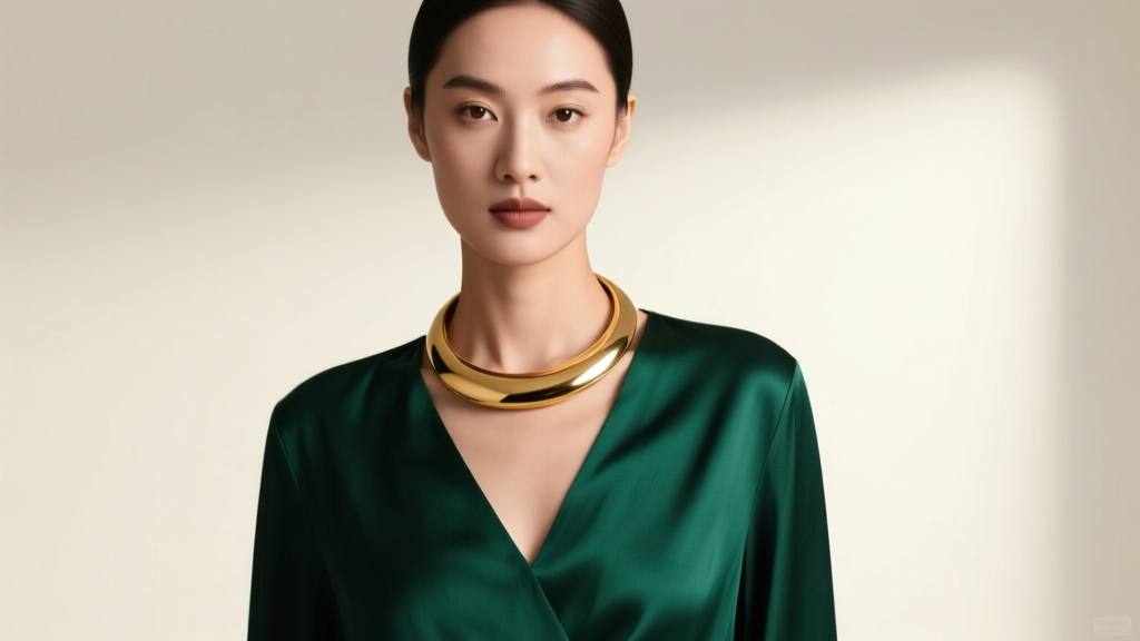 Woman wearing a 14 inch gold necklace at the base of her neck, paired with a V-neck silk blouse under soft studio lighting