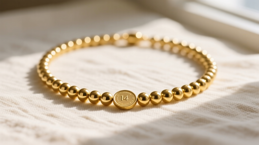 Flat lay of a 14k yellow gold coin bead necklace on textured linen, showcasing 3mm flat disc beads catching soft morning sunlight