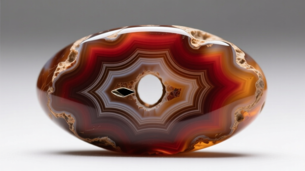 Macro photography of an ancient agate bead showing a biconical drill hole and smooth keyhole wear patterns around the stone edges.