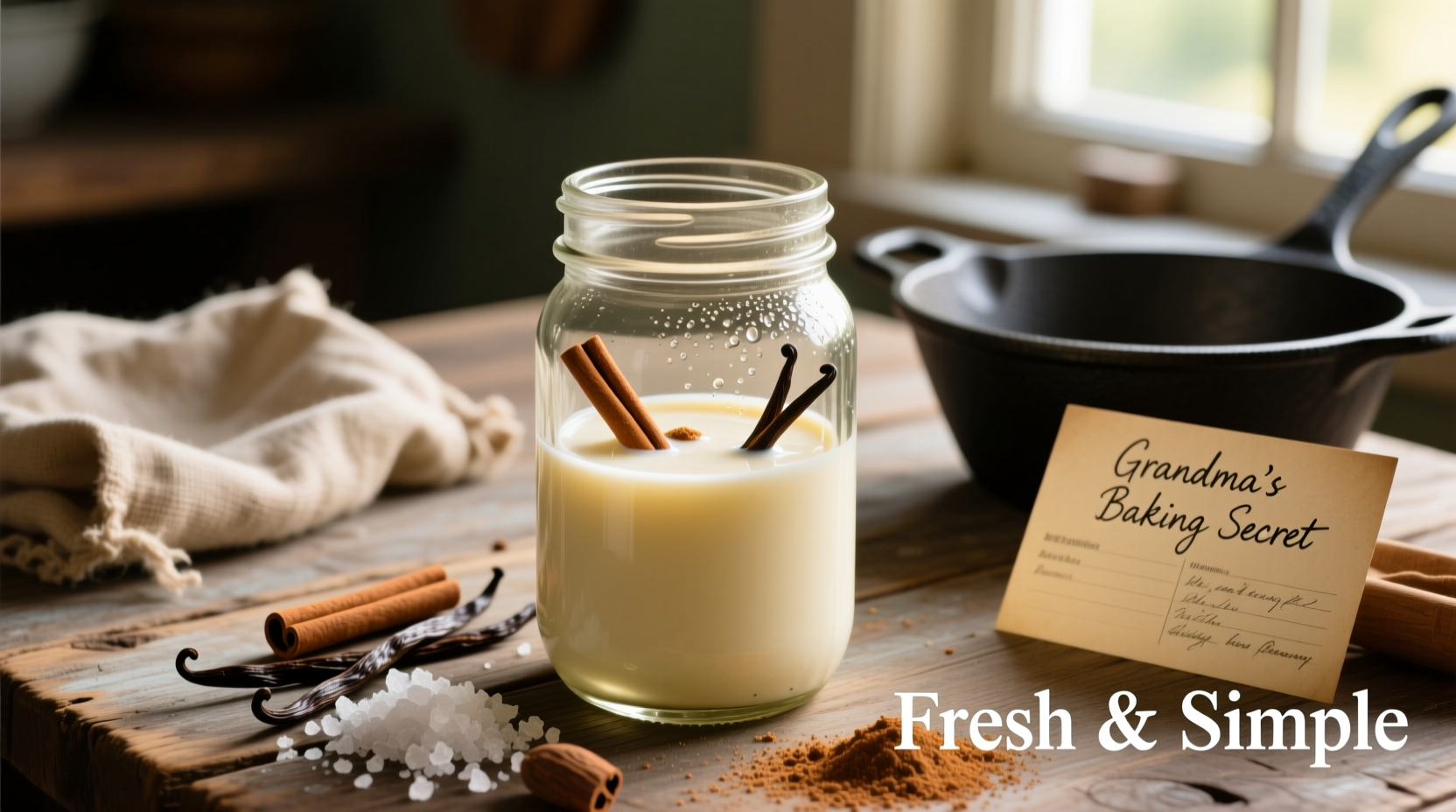 Fresh buttermilk in glass jar with baking ingredients