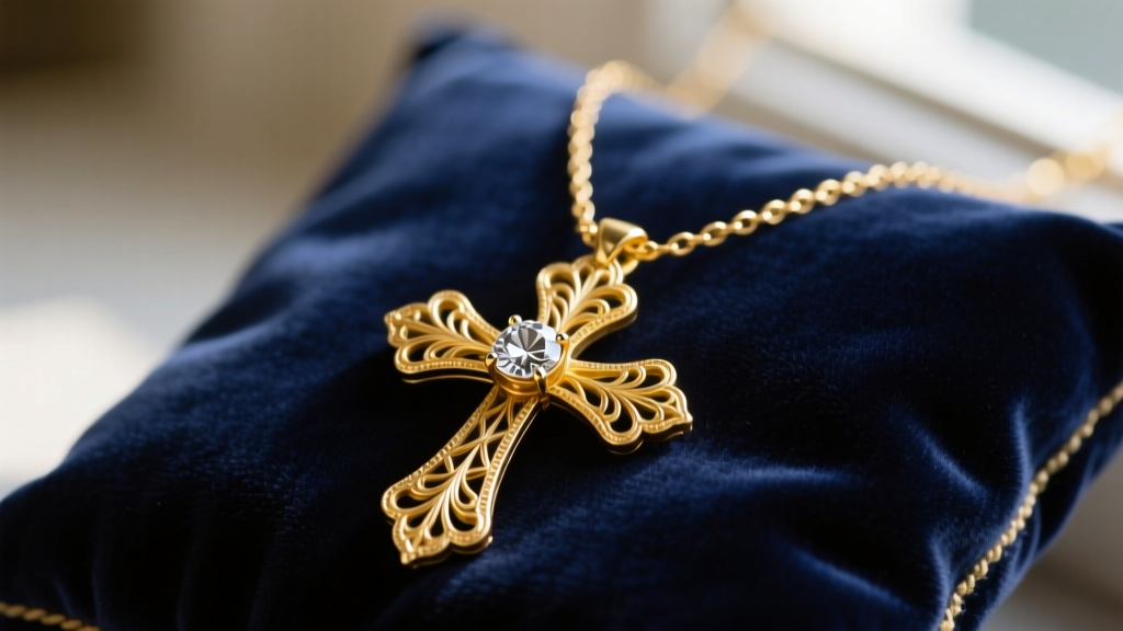 Victorian 15k yellow gold antique cross necklace with cannetille work and a central rose-cut diamond resting on dark navy velvet