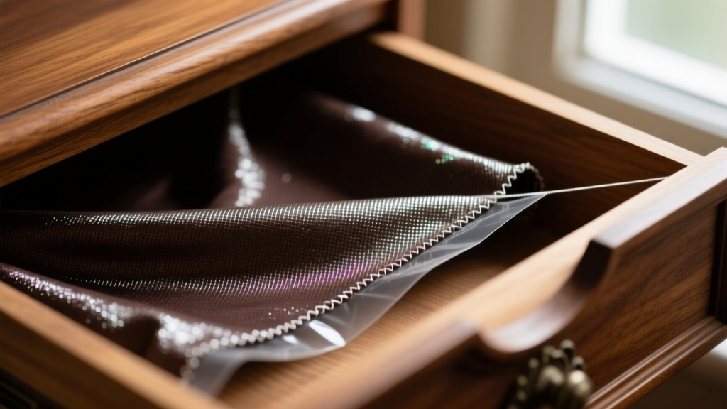 Macro shot of dark brown anti-tarnish Silvercloth fabric being carefully stretched and glued into the bottom of a wooden drawer.