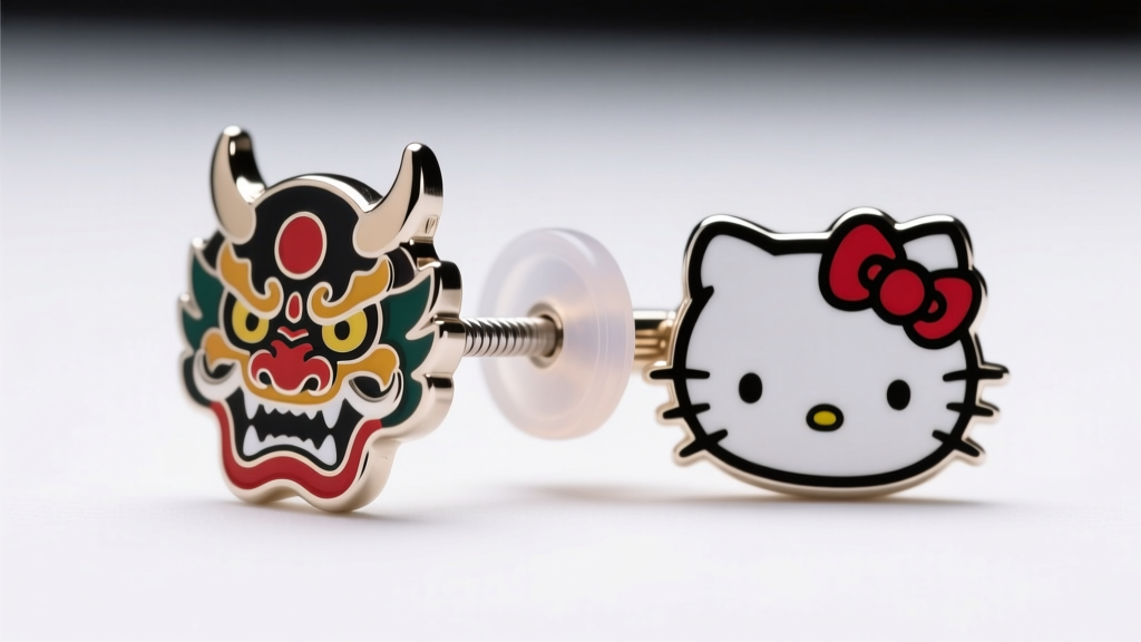 Macro shot of a 20-gauge surgical steel earring post with silicone clutch, attached to a Sukuna and Hello Kitty enamel charm