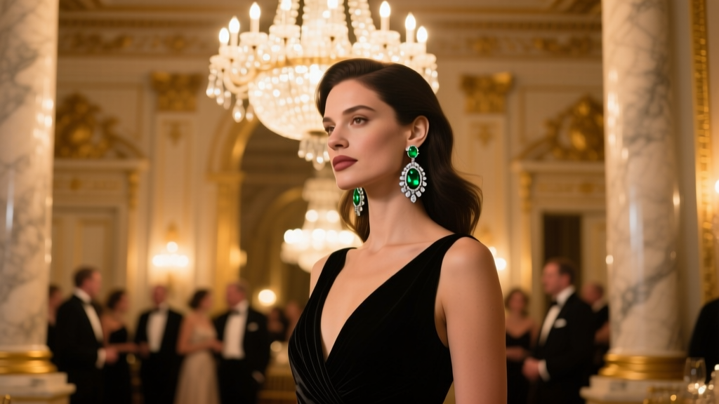 Woman wearing Sevan intaglio drop earrings with emerald accents at a formal gala, illuminated by warm ambient chandelier lighting.