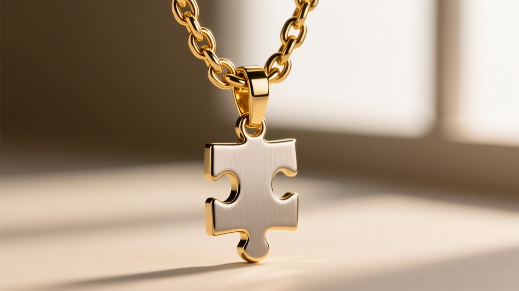 Macro close-up of a 16-gauge gold-filled rolo chain connecting to a brushed puzzle-piece pendant with a secure lobster clasp