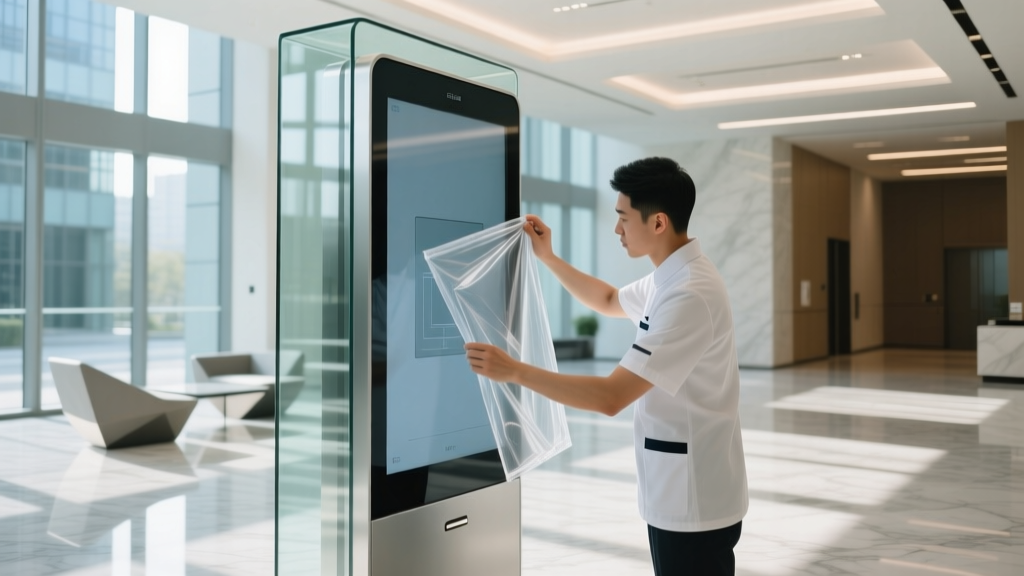 Technician applying clear architectural protective film to a large interactive smart glass kiosk in a modern commercial building lobby.