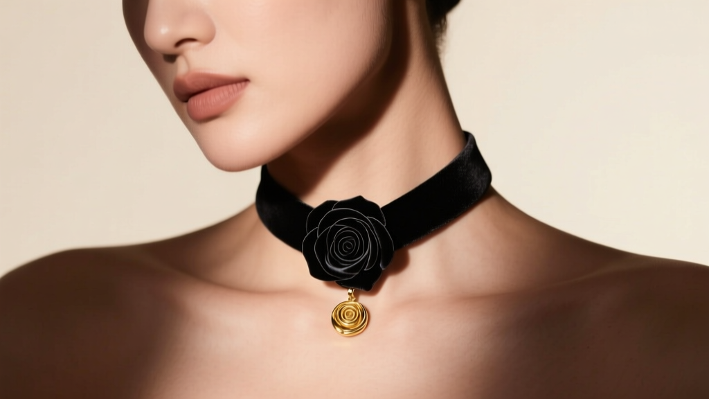 Black velvet rose choker necklace with a small gold pendant resting on a collarbone, illuminated by soft, warm studio lighting.