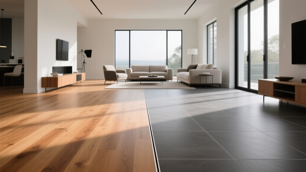 Modern living room showcasing a flush metal transition between wide-plank white oak hardwood and large-format gray porcelain tile