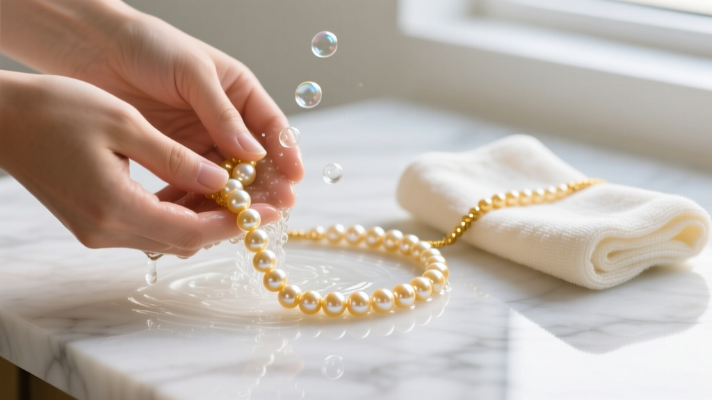 Hands washing a golden pearl necklace in distilled water and mild soap, with a microfiber cloth resting on a white marble surface.