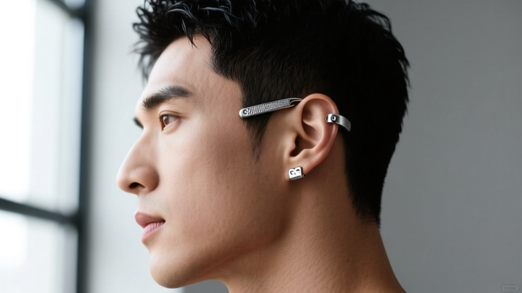 Side profile of a man wearing a low-profile titanium ear cuff and flush stud, designed to prevent snagging during sports.