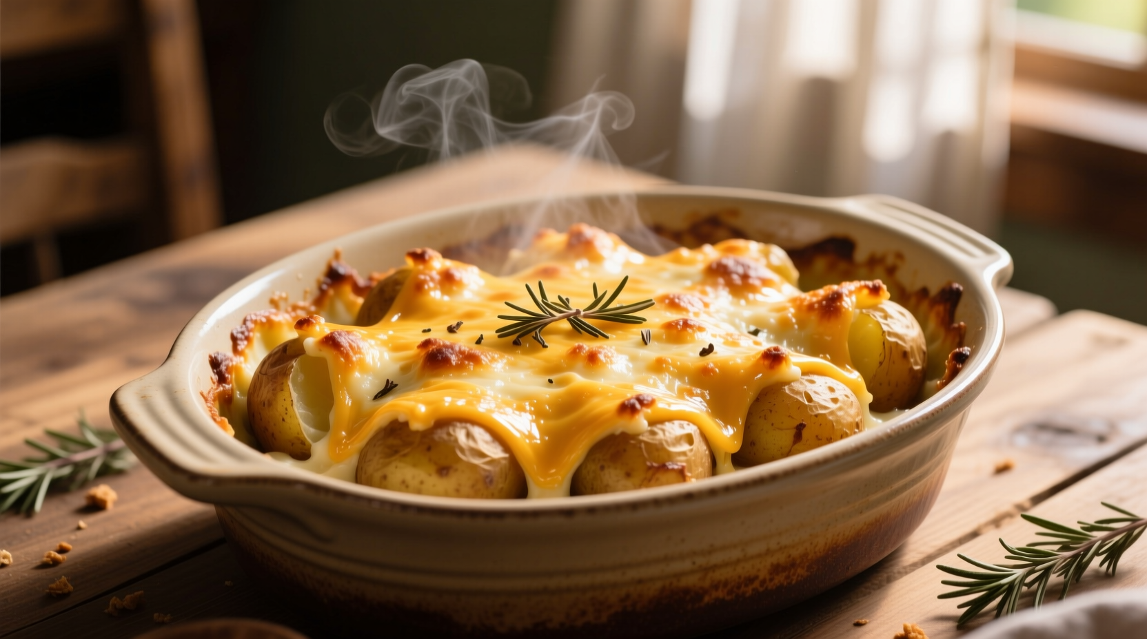 Golden slow cooker cheesy potatoes with melted cheddar crust
