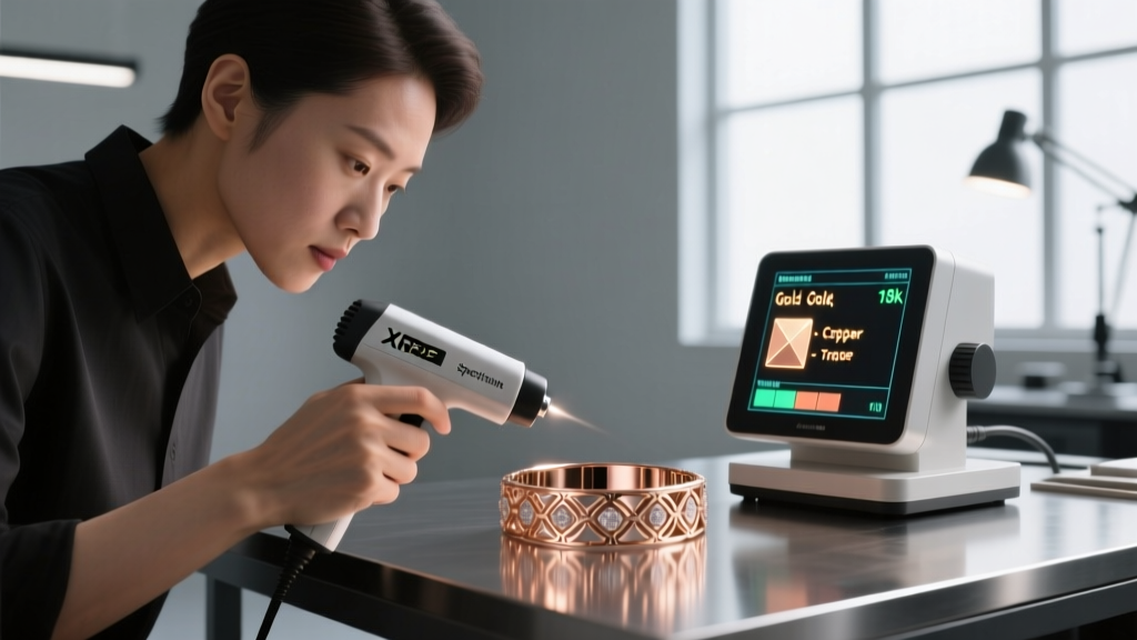 Jeweler using an XRF spectrometer gun to test an 18k rose gold bracelet, digital screen displaying elemental metal purity results.