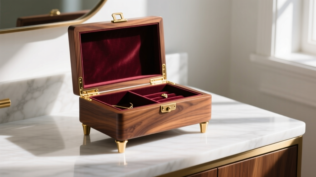 Walnut jewelry box with brass legs on marble vanity, morning light highlighting wood grain and open velvet-lined top compartment.