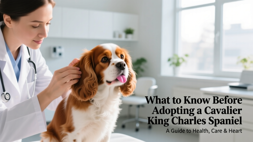 A veterinarian gently examining a Cavalier King Charles Spaniel’s ears during a routine wellness checkup