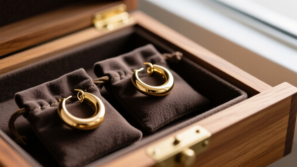 Gold stainless steel hoop earrings stored inside soft anti-tarnish suede pouches within a neatly lined wooden jewelry box drawer