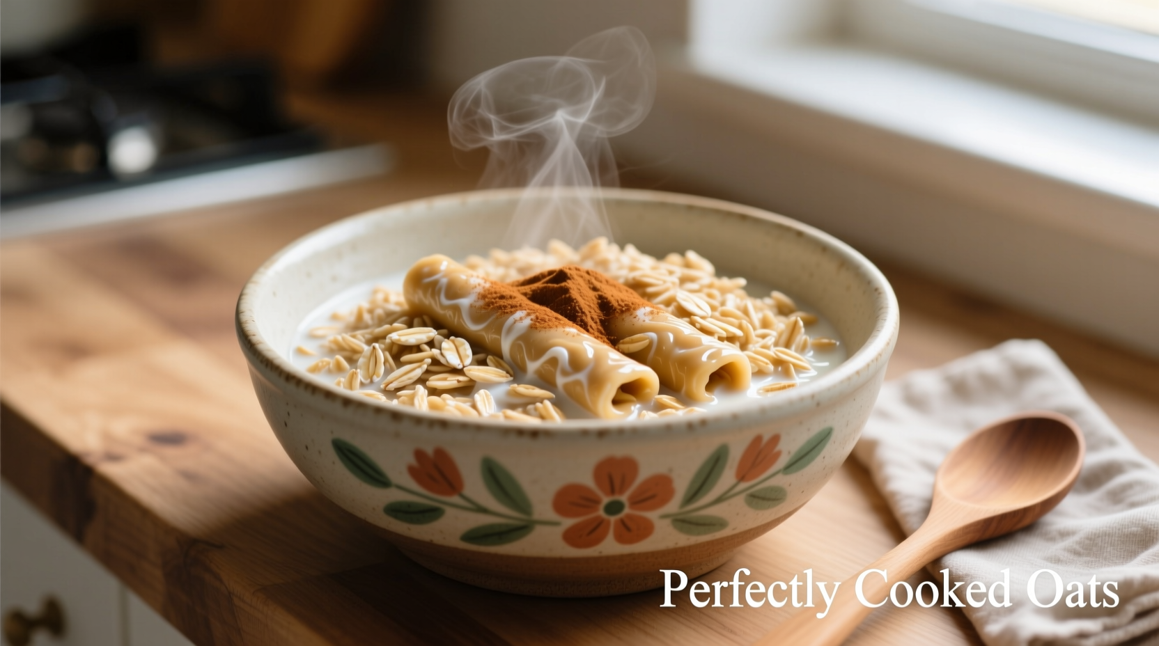 Perfectly cooked rolled oats in a ceramic bowl