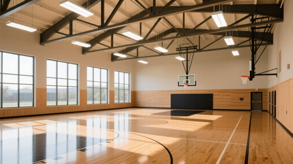 New high school gymnasium interior featuring polished maple hardwood flooring, LED high-bay lighting, and exposed steel roof trusses
