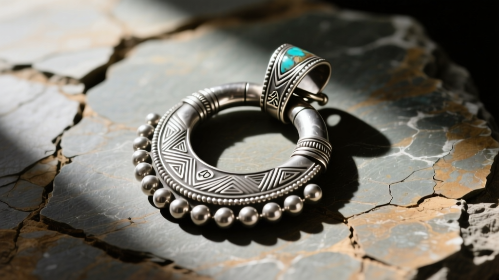 Close-up of a vintage Navajo sterling silver naja pendant on slate, highlighting the silversmith's stamped hallmark on the back.