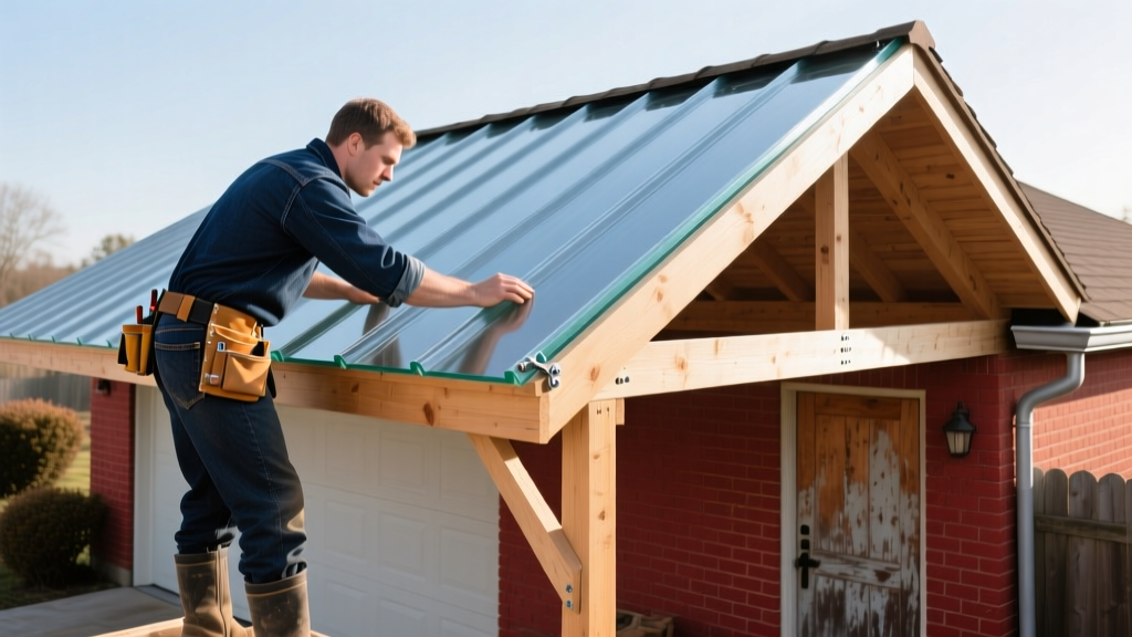 Carpenter installing corrugated polycarbonate panels on a low-pitch wooden lean-to roof attached to a red brick residential garage
