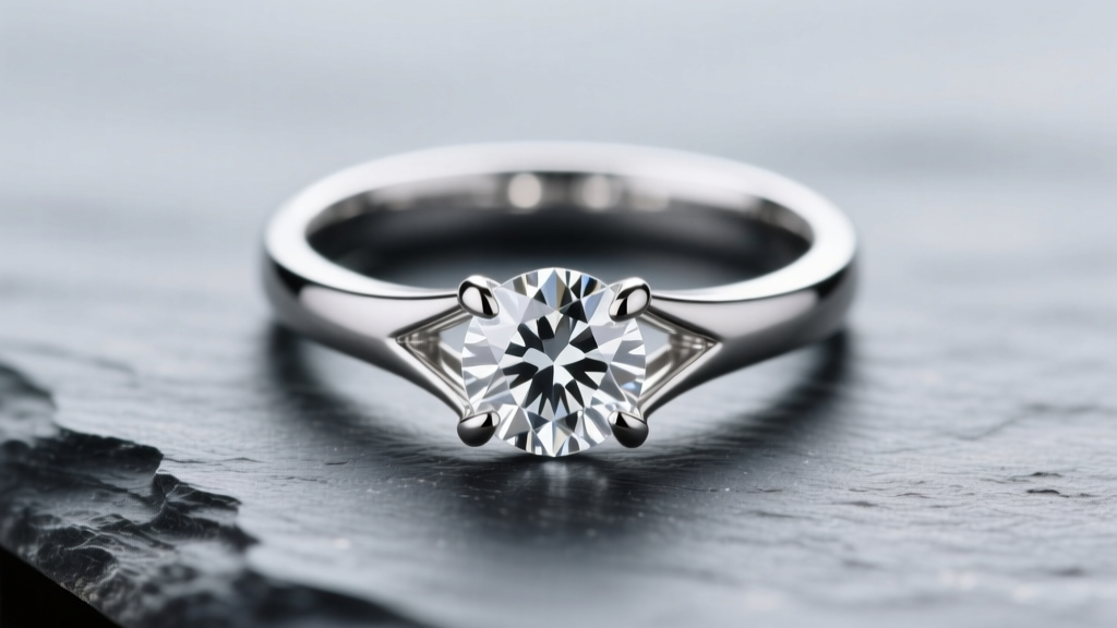 Macro shot of a platinum diamond ring on slate, revealing precise V-prongs and mirror polish under soft diffused lighting.