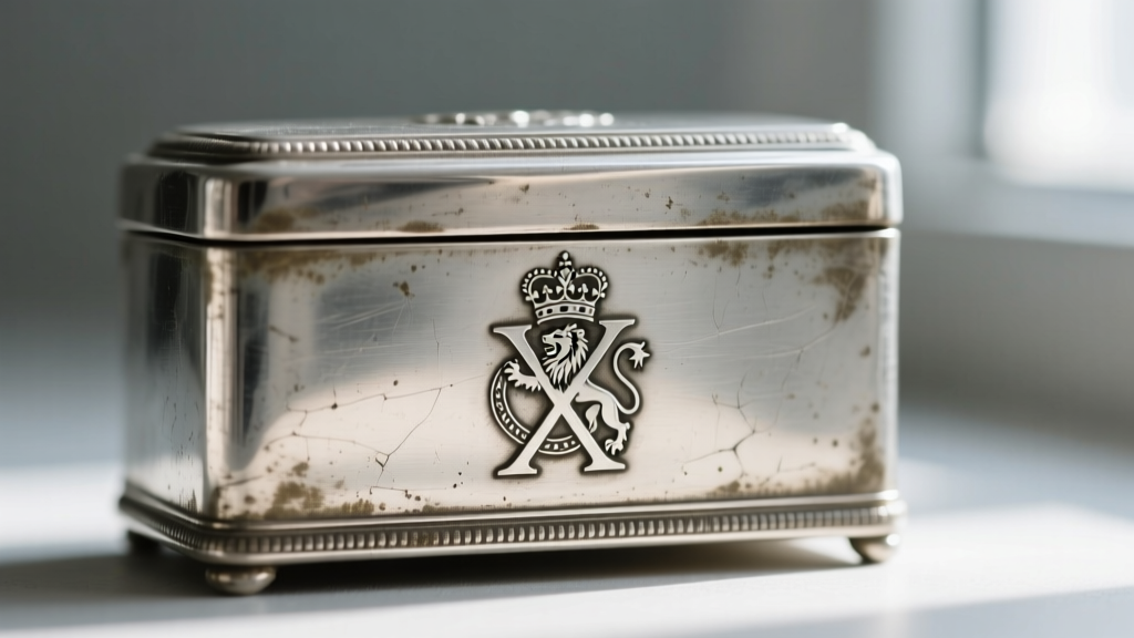 Macro photography of a faded maker touchmark stamped on the bottom of a Victorian pewter box, showing a crowned X and lion.
