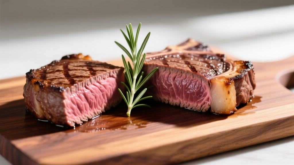 Perfectly seared medium-rare ribeye steak sliced on a walnut cutting board revealing edge-to-edge pink interior with rosemary sprig