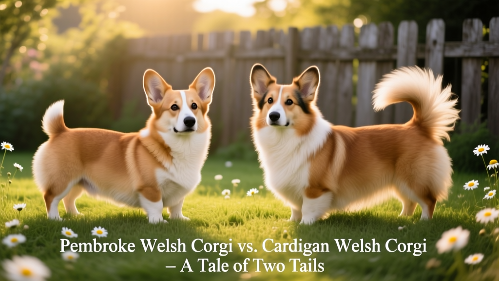 Side-by-side comparison showing a Pembroke Welsh Corgi (short or docked tail) and a Cardigan Welsh Corgi (long, bushy tail)