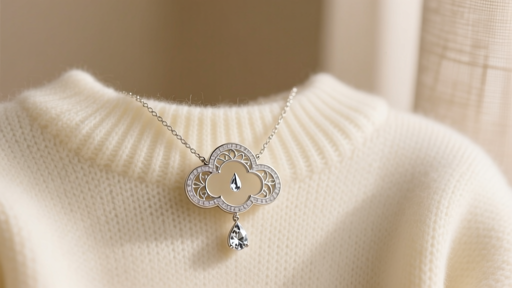 Sterling silver rain cloud necklace with a diamond raindrop resting on a cream knit sweater in soft natural light