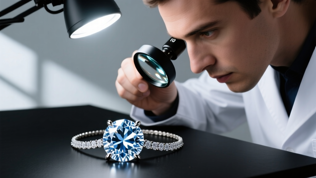 A jeweler using a 10x loupe to inspect the six-prong setting of a large diamond necklace under bright, focused workbench lighting.