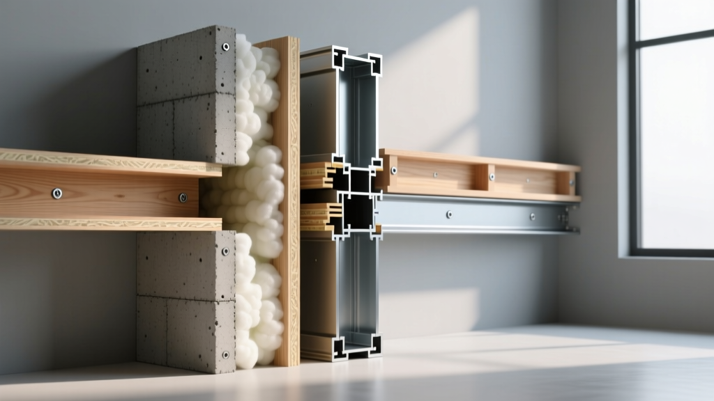 Cross-section of a modern wall showing insulated concrete forms, cold-formed steel studs, and engineered wood I-joists side by side.