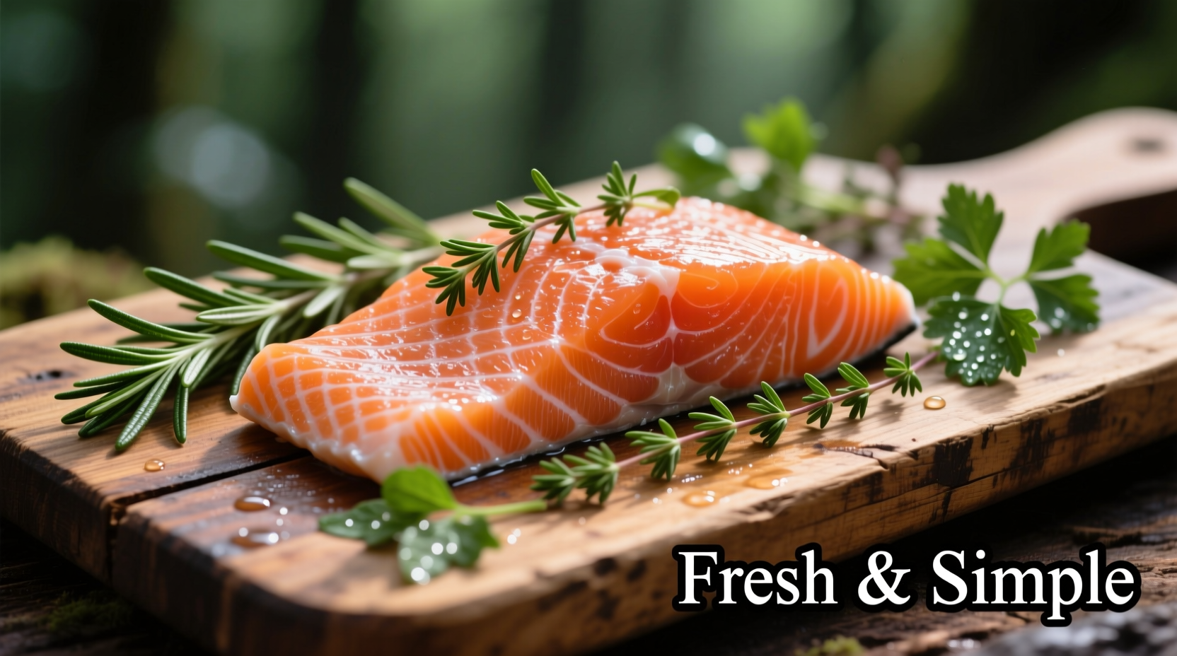 Fresh salmon fillet with herbs on wooden board