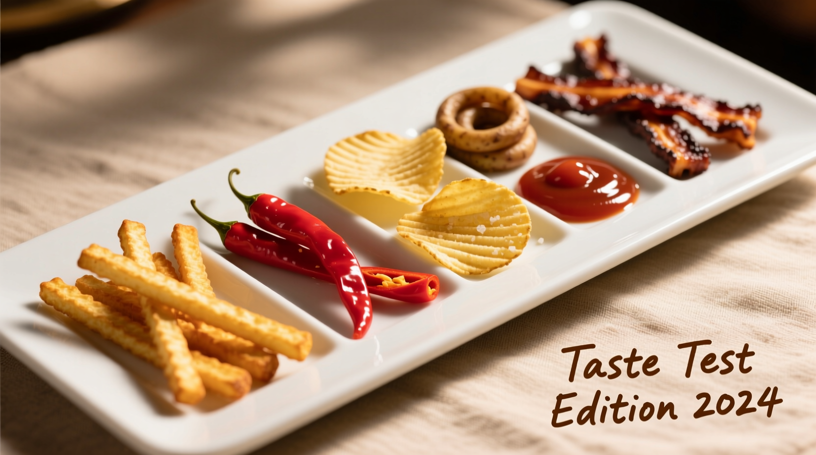 Assorted potato chip stix varieties arranged in a tasting display
