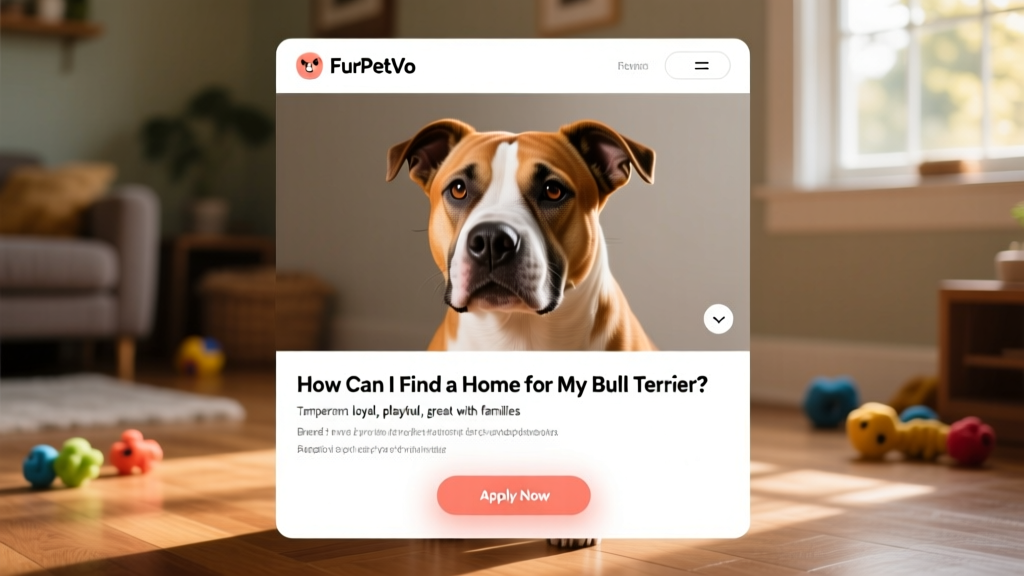 Screenshot-style image showing a well-designed FurPetVo profile page for a bull terrier, with clear photos, bio section, and 'Apply Now' button