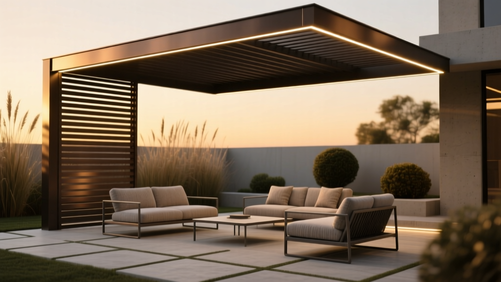 Dark bronze louvered aluminum pergola over a stamped concrete patio, featuring integrated LED lighting and modern outdoor lounge seating