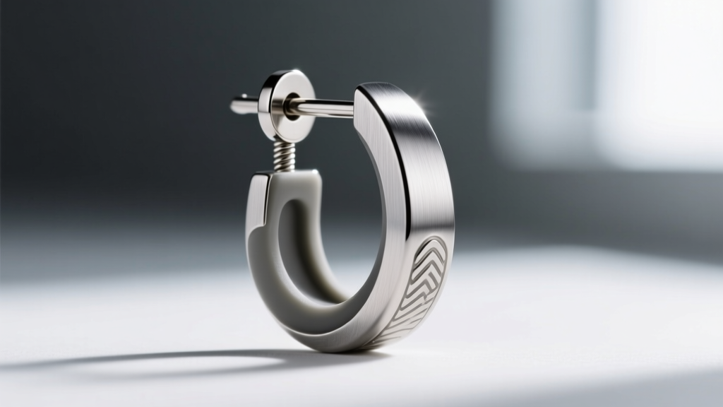 Close-up of an 18-gauge titanium drop earring with brushed finish, highlighting the thick wire post and wide silicone earring back.