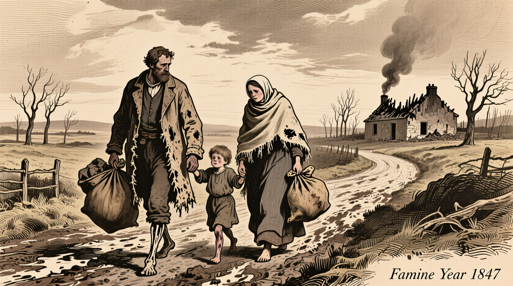 Historical illustration of Irish famine refugees
