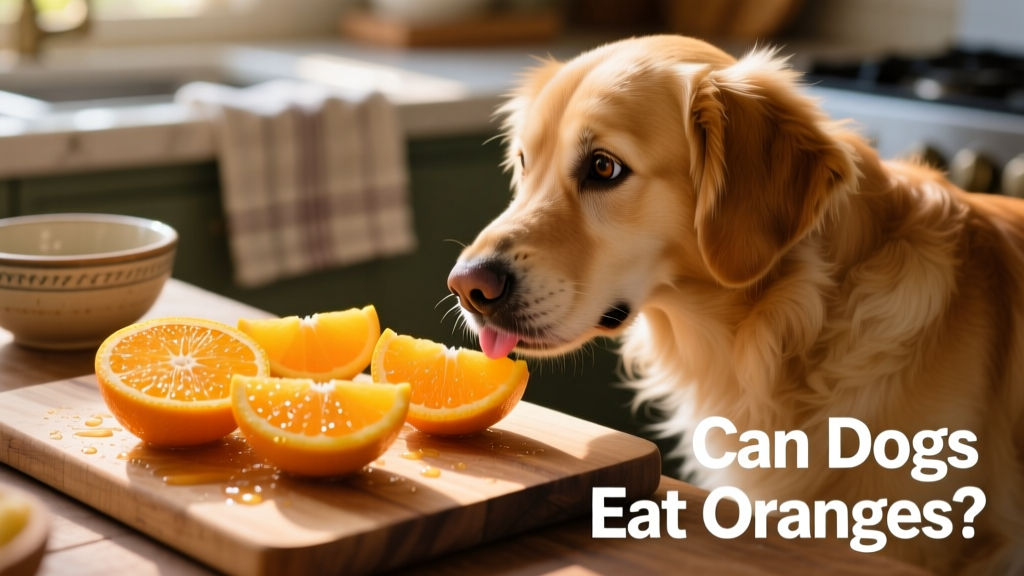 A fresh orange sliced into segments next to a curious dog sniffing it