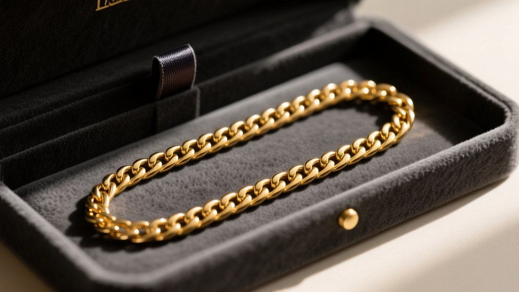 14k gold herringbone chain laid flat inside a suede jewelry box, with a dark anti-tarnish strip tucked neatly into the corner.