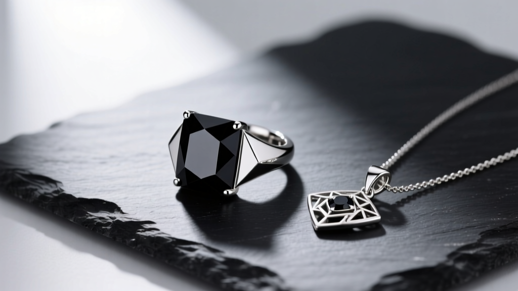 Elegant flat lay of 925 sterling silver and black spinel jewelry, including a faceted cocktail ring and pendant, on dark slate