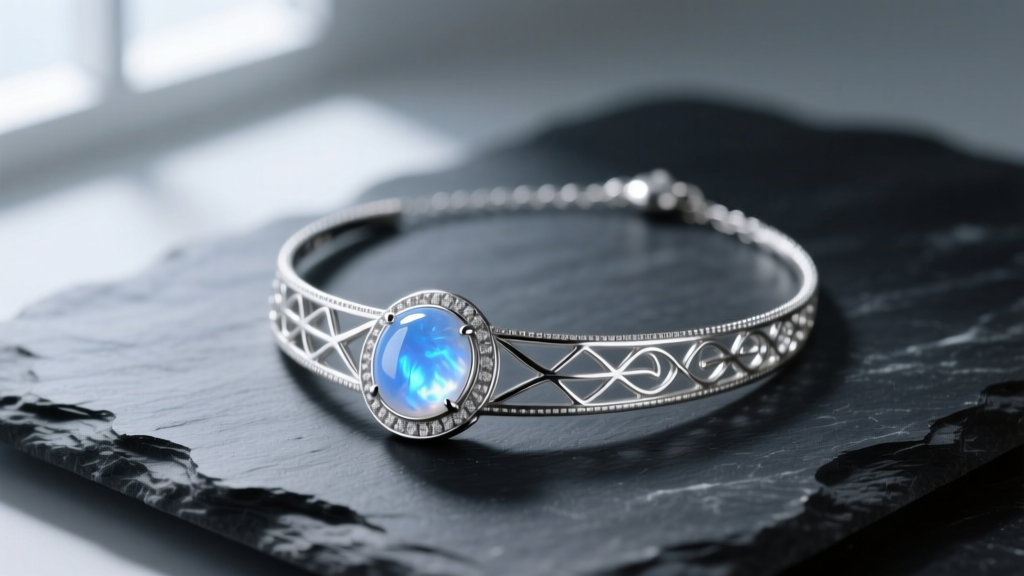 Sterling silver moonstone necklace on dark slate showing blue adularescence sheen and an intricate silver filigree bezel setting